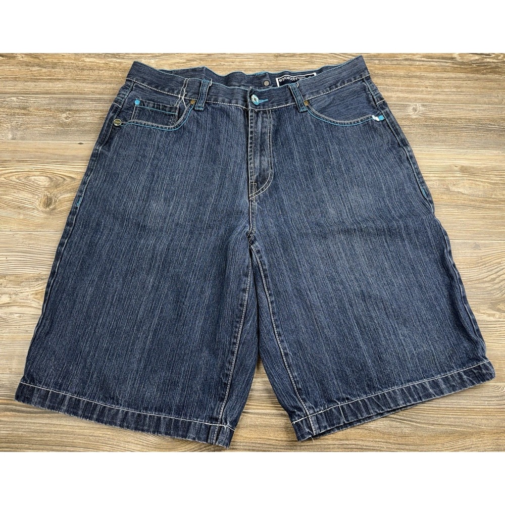 Enyce Baggy Blue Denim Short Mens 38 Y2K Hip Hop Embroidered Back Pockets